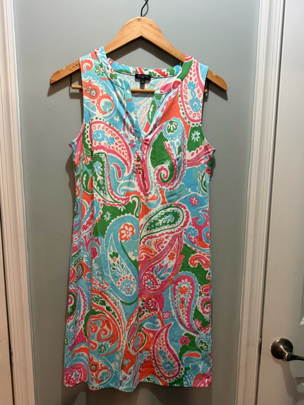 Talbots Effortless Jersey Shift Dress Paisley Aqua, Pink & Green Petite